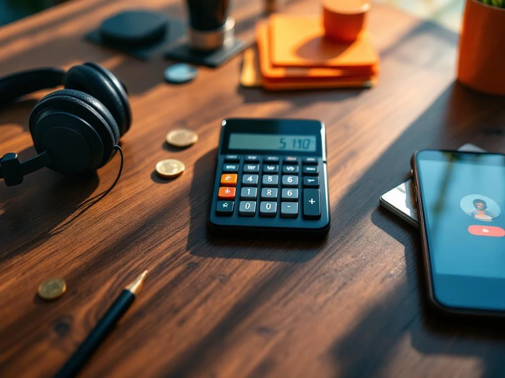 Calculator met eurosymbolen op bureau met headset, smartphone en eurobankbiljetten voor klantenservice