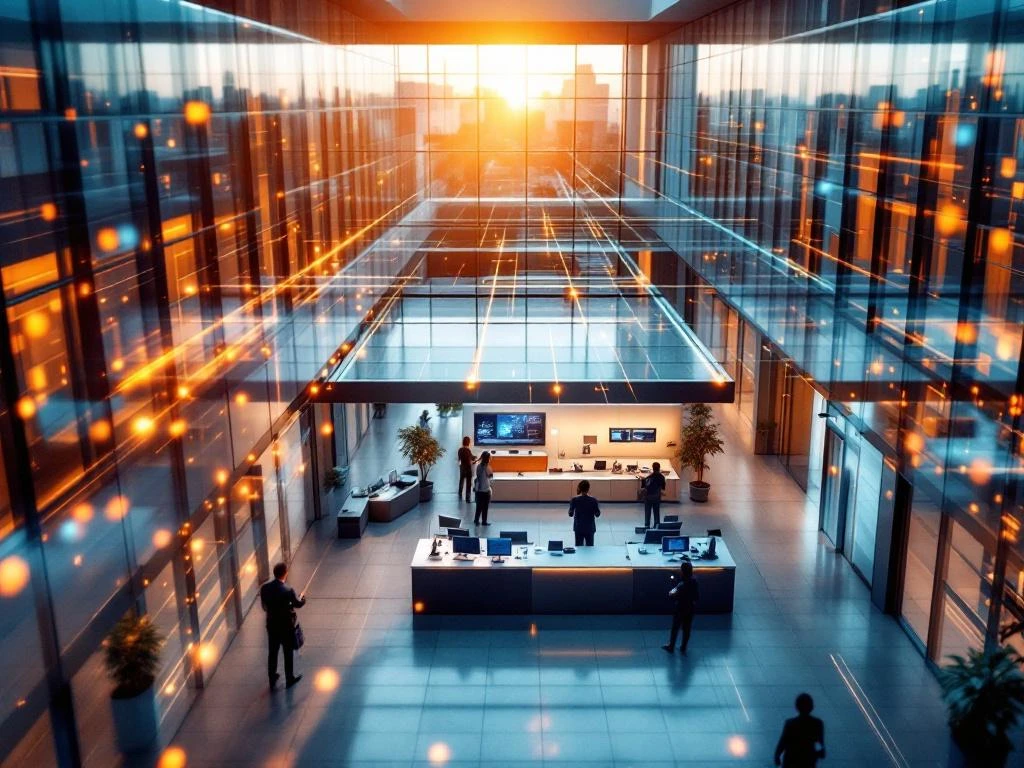 Moderne Nederlandse gemeentelijke dienstverlening met digitale balies en glasarchitectuur vanuit vogelperspectief