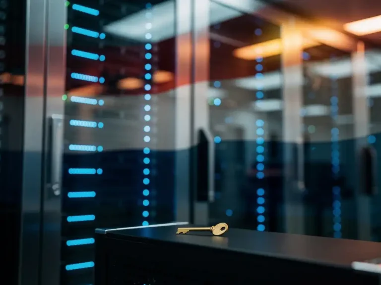 Server rack with blue LED indicators in glass data center, gold key on console symbolizes data sovereignty
