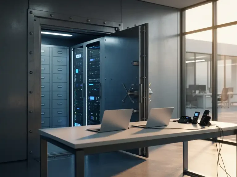 Steel vault door ajar in modern office with servers and filing cabinets in blue light, laptop on desk by window
