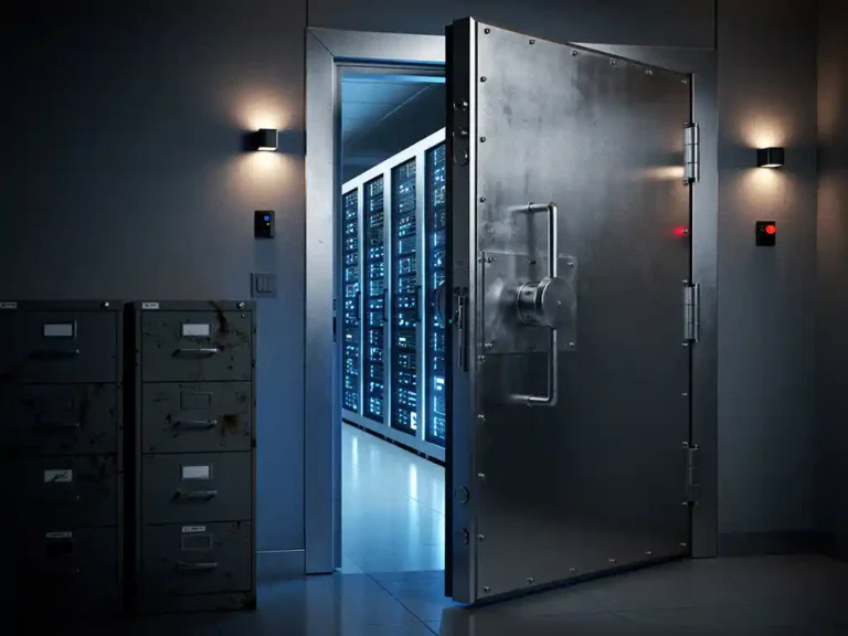 Heavy steel vault door is ajar in modern server room with glowing blue server racks, abandoned filing cabinets in foreground