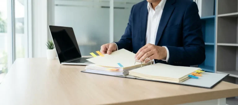 A compliance officer reviews organized AI process documentation in a folder at a modern office; a laptop and highlighted pages are visible.