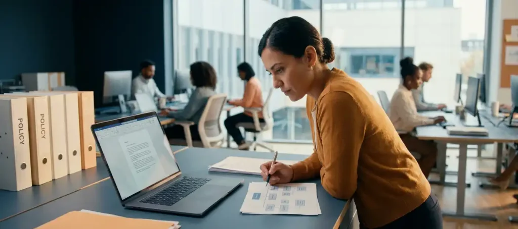 A government official reviews structured policy documents at a modern desk with a laptop in a bright, open-plan office environment.