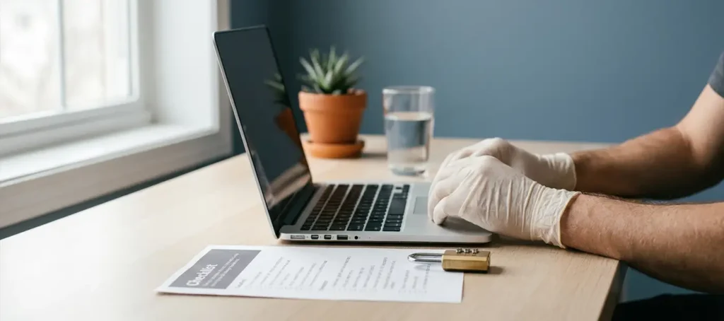 Handen van een data-analist bij laptop met compliance checklist en combinatieslot op modern bureau.