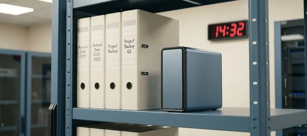 An organized server room shelf with labeled archive folders and an external hard drive; a digital clock is visible in the background.