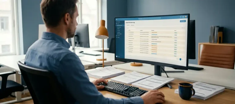 A professional checking an email decision log on a monitor, with printed audit trail documents and a coffee cup on the desk in a modern office.