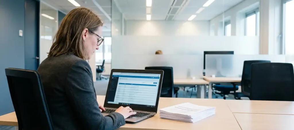 A compliance officer reviews an audit report on a laptop in a modern Dutch office, with printed documentation and glass partitions in the background.