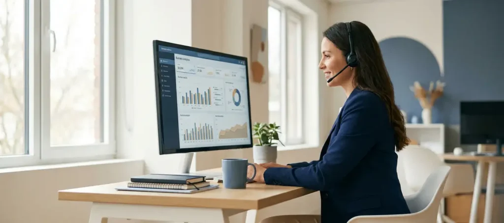 B2B klantenservicemedewerker met headset bekijkt gespreksoverzicht op monitor aan modern bureau met natuurlijk licht.