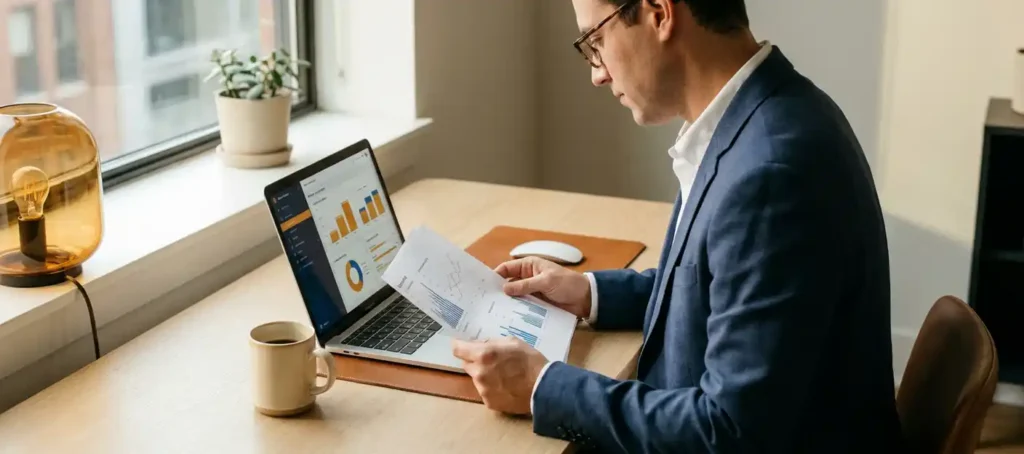 Professional aan modern bureau met laptopscherm en geprinte belstatistieken, zachte natuurlijke belichting, navy en warmwitte tinten.