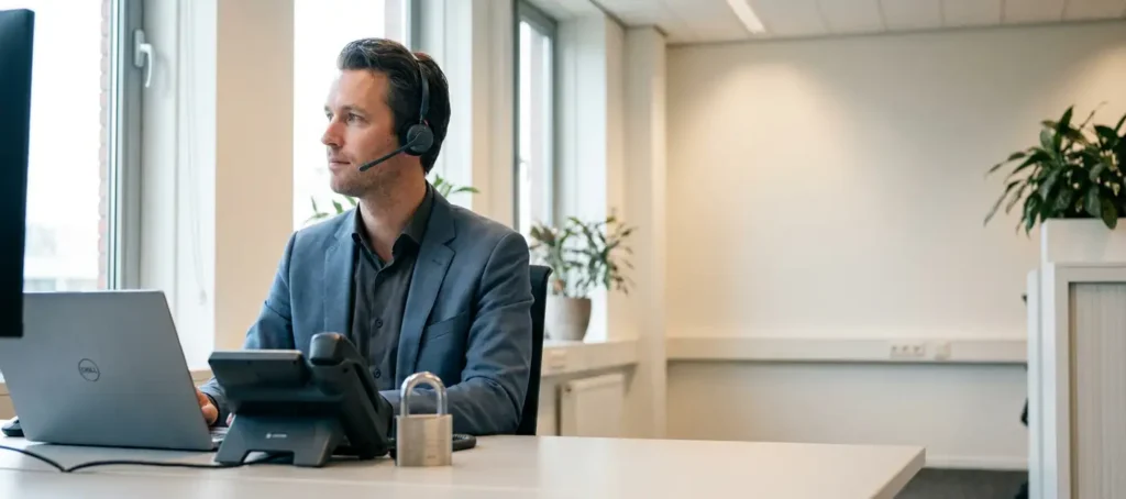 Klantenservicemedewerker met headset aan modern bureau met vergrendeld hangslot naast laptop in Nederlands kantoor.