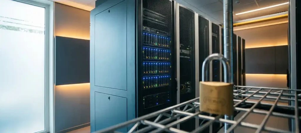 Serverrack in Nederlands datacenter met knipperende statuslampjes, fysiek hangslot op kabelplank, stalen blauwe en amberkleurige verlichting.