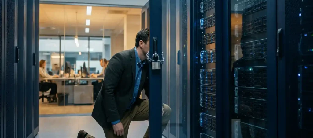 Technicus in zakelijke kleding inspecteert beveiligde serverrack met hangslot, modern kantoor zichtbaar op achtergrond.