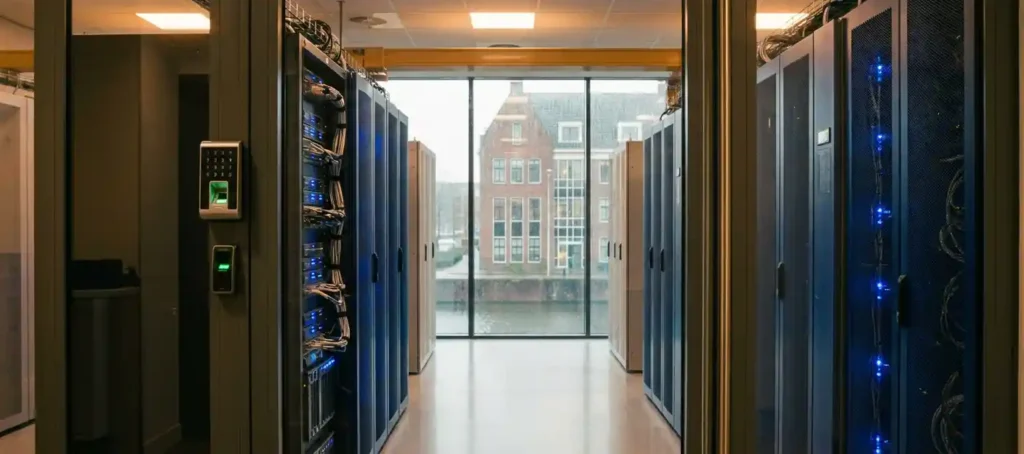 Beveiligde serverruimte met geordende hardwareracks achter versterkt glas, kantoorgebouw zichtbaar op achtergrond.