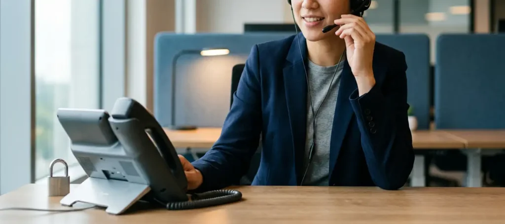 Professional met headset voert beveiligd VoIP-gesprek; slotje naast moderne bureautelefoon op kantoorbureau.