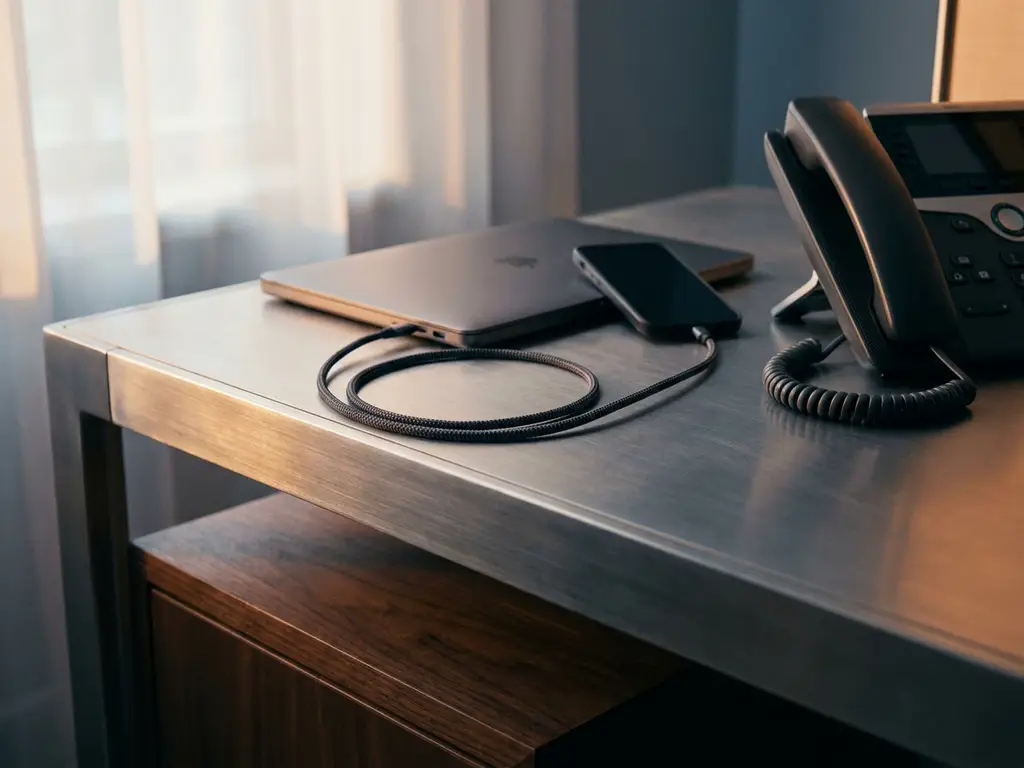 Smartphone, laptop en bureautelefoon verbonden door één kabel op modern aluminium bureau, warm licht met zachte schaduwen.