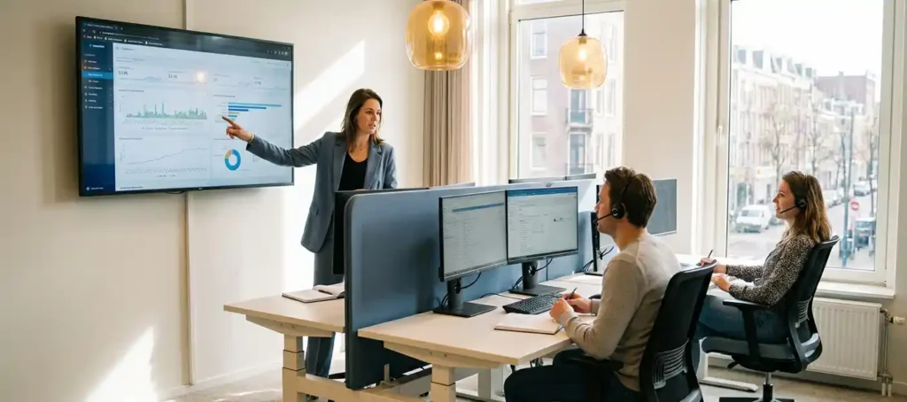 Trainer legt callcenter-dashboard uit aan twee collega's met headsets in een lichte Nederlandse kantooromgeving.