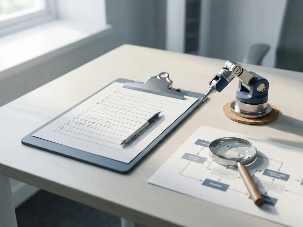 Klembord met checklist op modern bureau naast robotarm component en vergrootglas over werkstroomdiagram, zacht natuurlijk licht.