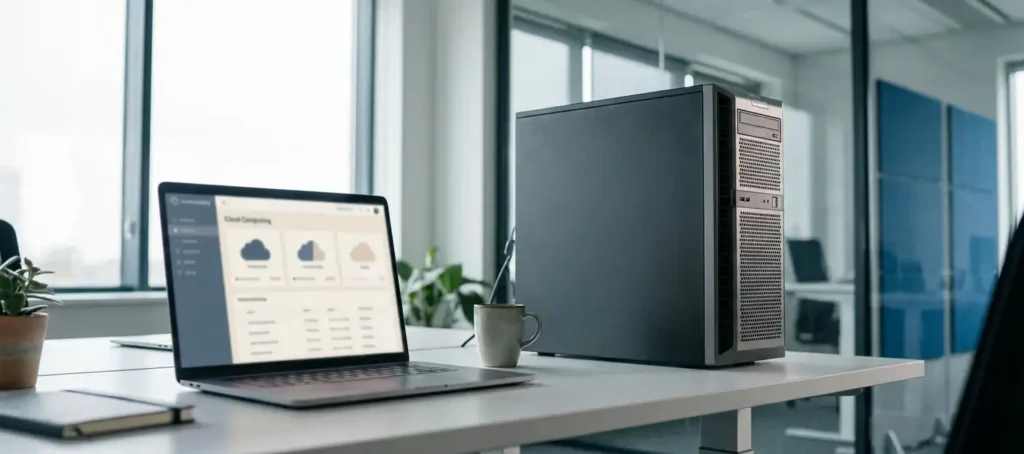 Laptop met cloudsoftware naast een on-premise servertoren op een zakelijk bureau, zachte natuurlijke belichting.