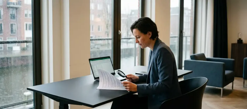 A compliance officer in a blazer studies a risk assessment document at a modern desk with a laptop in a Dutch office.