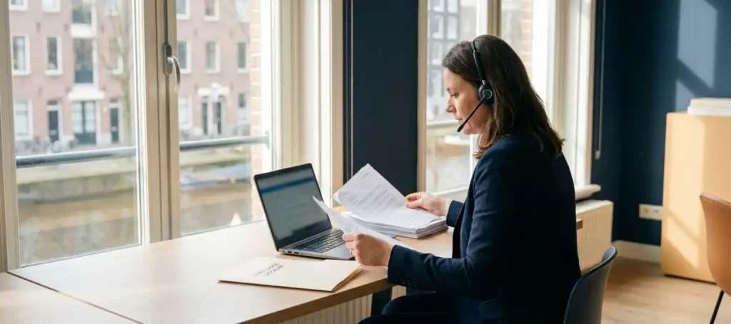 A contact center agent wearing a headset reviews documents at a modern desk with a laptop and a compliance folder in a Dutch office.