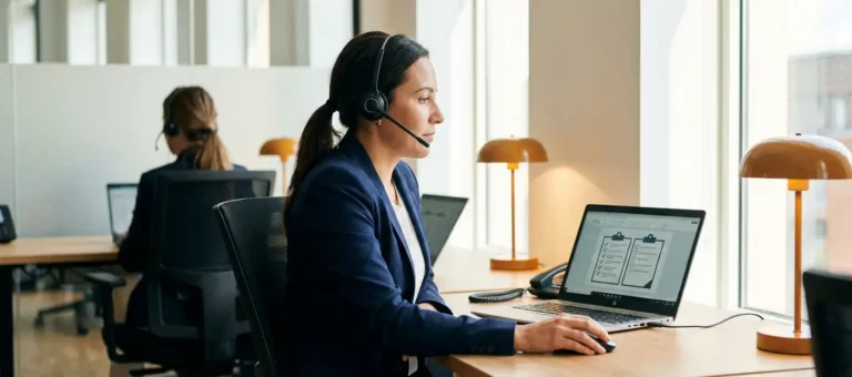 A contact center agent wearing a headset reviews a checklist on a laptop at a modern desk; a coworker is visible in the background.