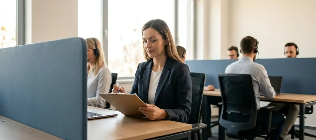 A contact center manager looks at a checklist clipboard at a modern open-plan desk, with colleagues wearing headsets in the background.