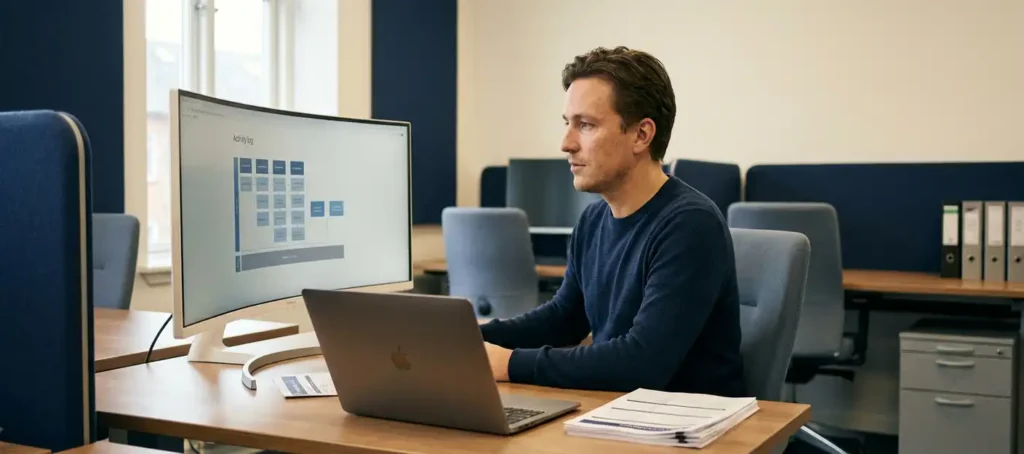 A contact center professional reviews an activity log on a monitor next to compliance checklists and a laptop on a modern desk.