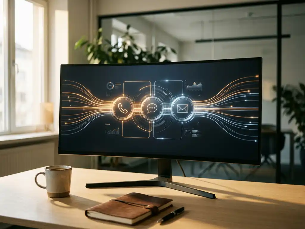 Omnichannel dashboard met telefoon-, chat- en e-mailmetrics op monitor in modern Nederlands kantoor, warme amber en staalblauwe tinten.