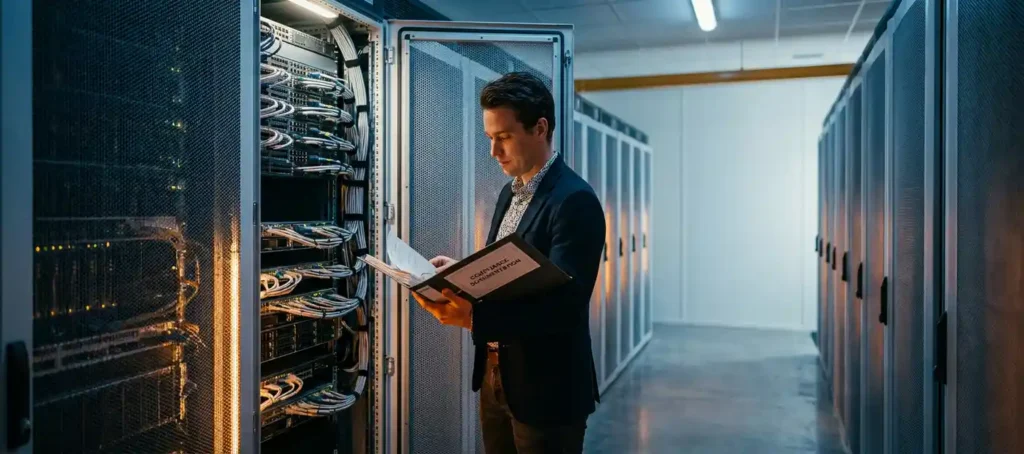 Professional in businesscasual kleding controleert compliancedocumentatie bij open serverrack in Nederlands datacenter.