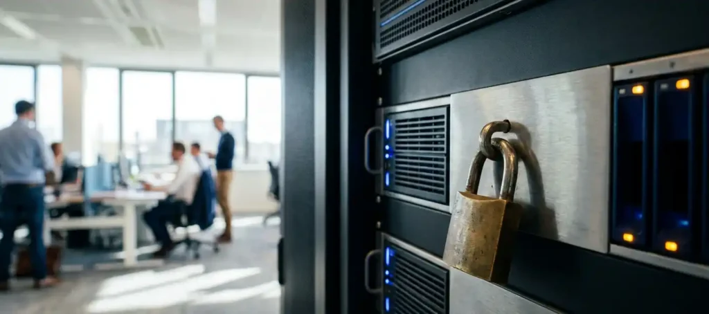 Fysiek hangslot op een serverrack in een Nederlands datacenter, met stalen panelen en warme sfeerverlichting op de achtergrond.