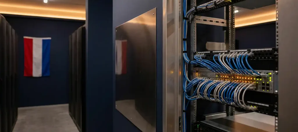 Serverrack in Nederlands datacenter met geordende kabels, statuslampjes en Nederlandse vlag weerspiegeld in metalen paneel.