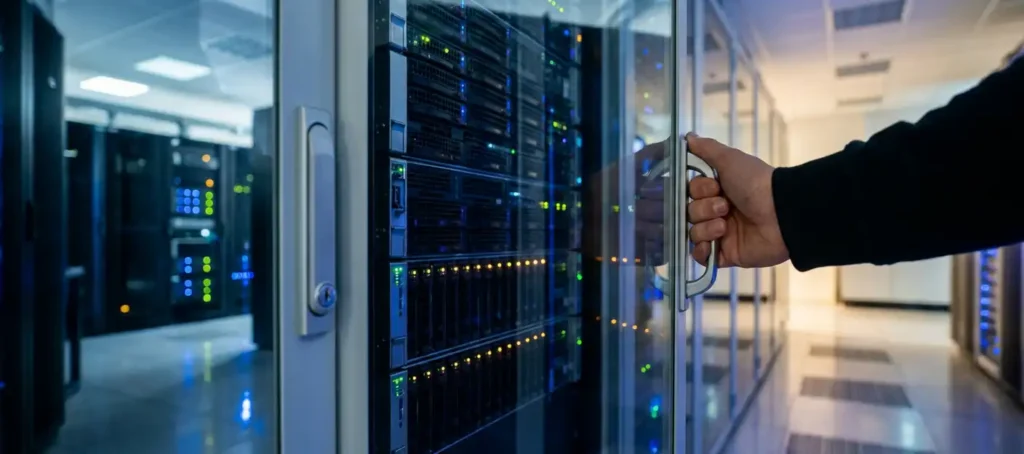 Hand op glazen serverkabinetdeur in Nederlands datacenter met verlichte serverracks op de achtergrond.