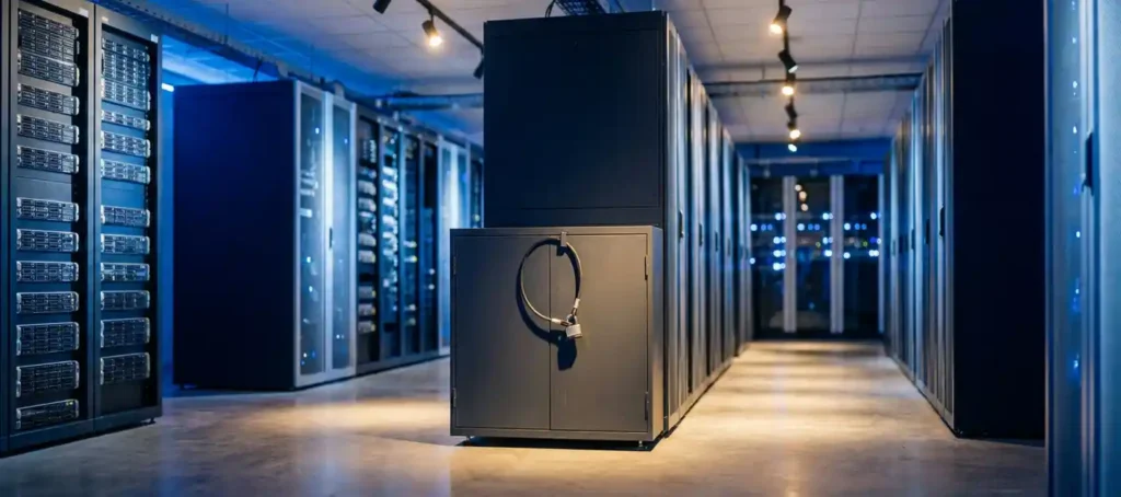 Vergrendeld stalen serverrack met hangslot in een Nederlands datacenter, verlicht met blauw omgevingslicht en warme spots.