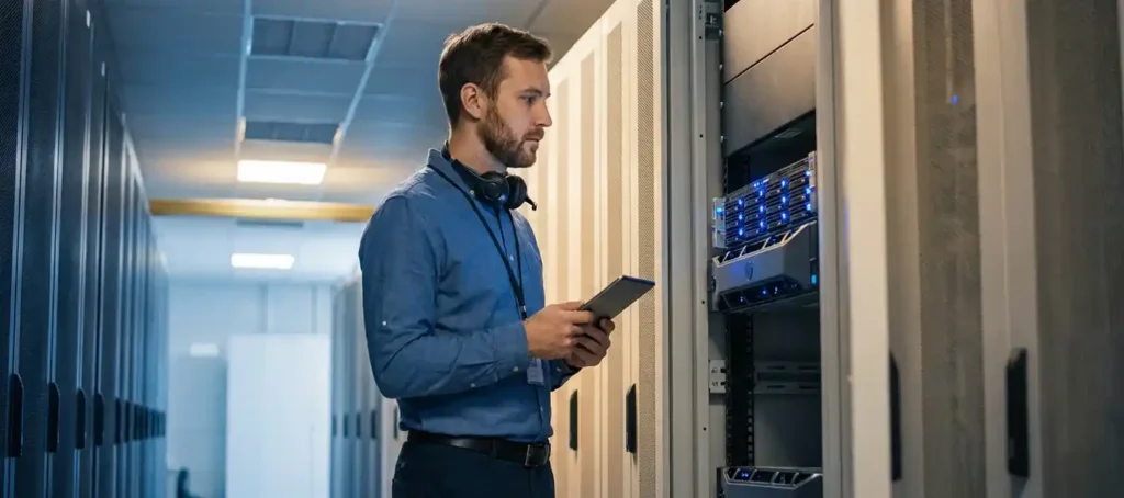 Datacenter technicus inspecteert serverrack in klimaatgecontroleerde serverruimte met blauwe LED-indicatoren op de achtergrond.