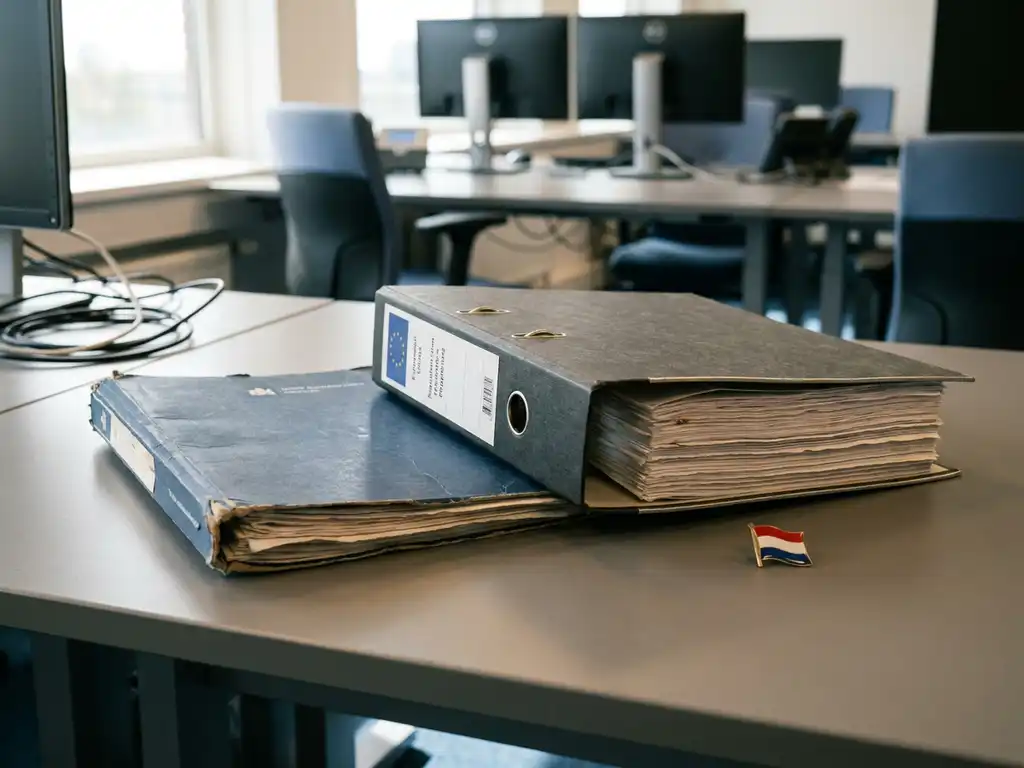 A Dutch government document folder and an EU regulatory binder on an office desk, with a small Dutch flag pin next to them.
