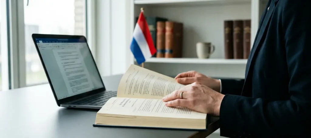 Juridisch professional met handen op EU-regelgeving document naast laptop, Nederlandse vlag op achtergrond, modern kantoor.
