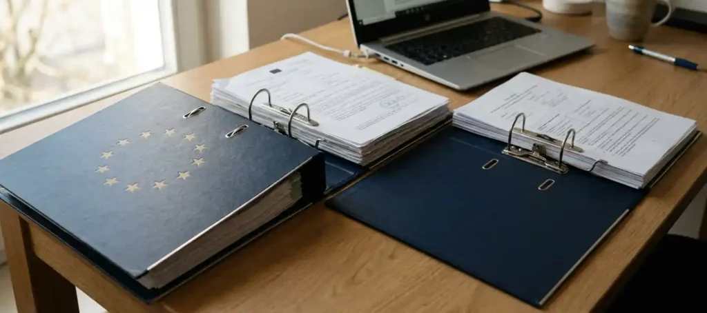 Two open regulatory binders on a modern desk, one with an EU star motif in navy blue and gold, with a laptop in the background.