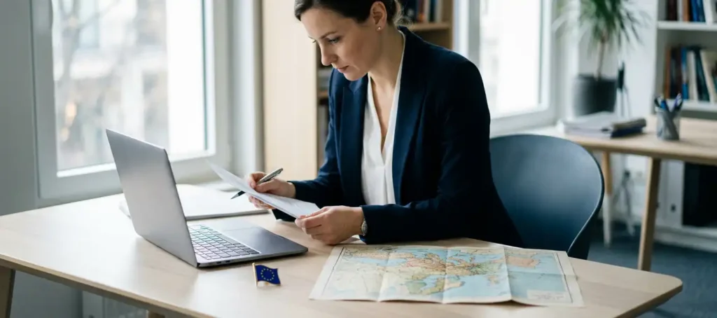 Zakenvrouw bestudeert document aan modern bureau met Europese kaart en EU-vlagspeld naast laptop.