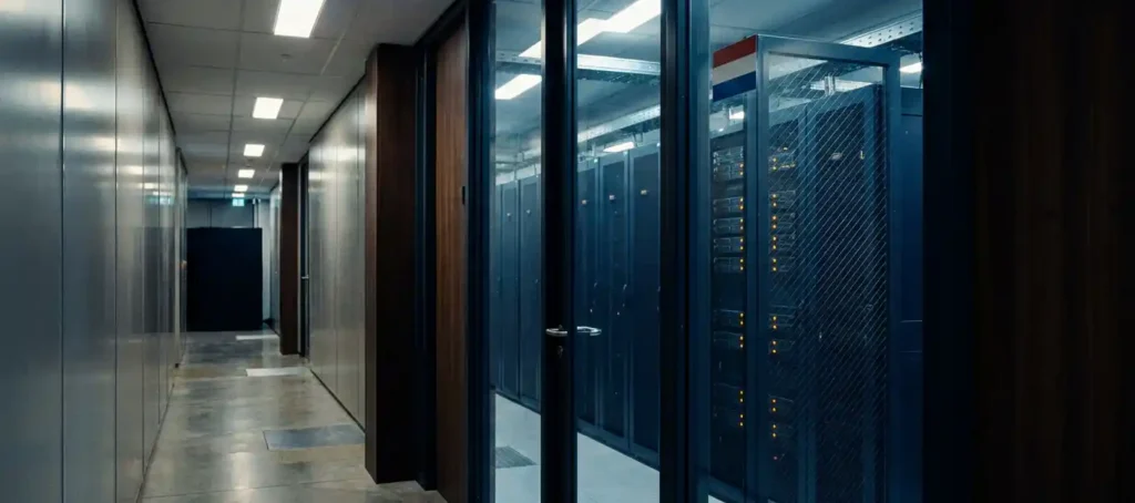 Beveiligde serverruimte in een Europees datacenter met rijen serverracks achter glazen deur, Nederlandse vlag gereflecteerd in het glas.