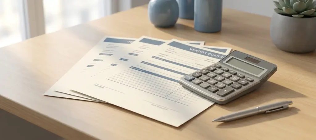 Drie overlappende facturen en leverancierscontracten op een modern bureau, met rekenmachine en pen in zacht natuurlijk licht.