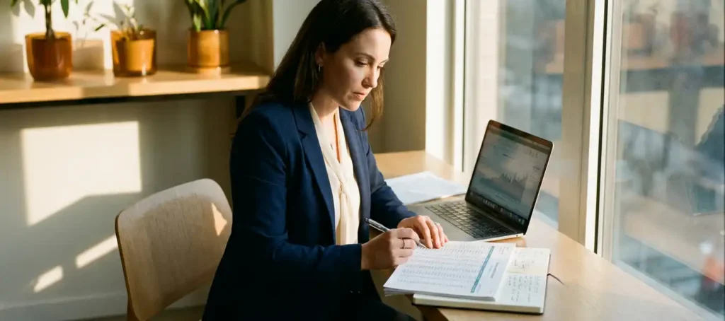Vrouw in zakelijke kleding analyseert financiële grafieken en handgeschreven notities op modern bureau met laptop.