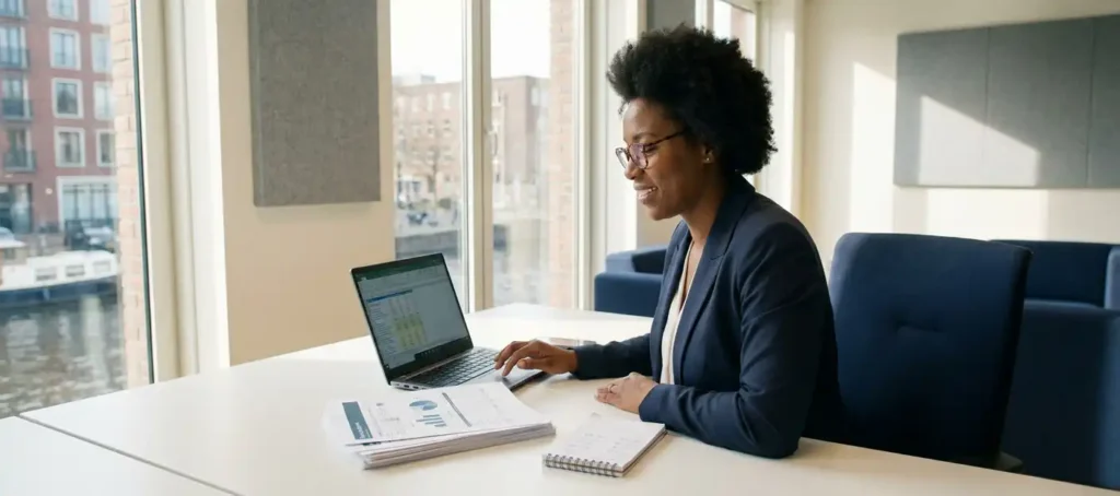 Vrouw in modern Nederlands kantoor vergelijkt financiële documenten met laptop op wit bureau, warm natuurlijk licht.