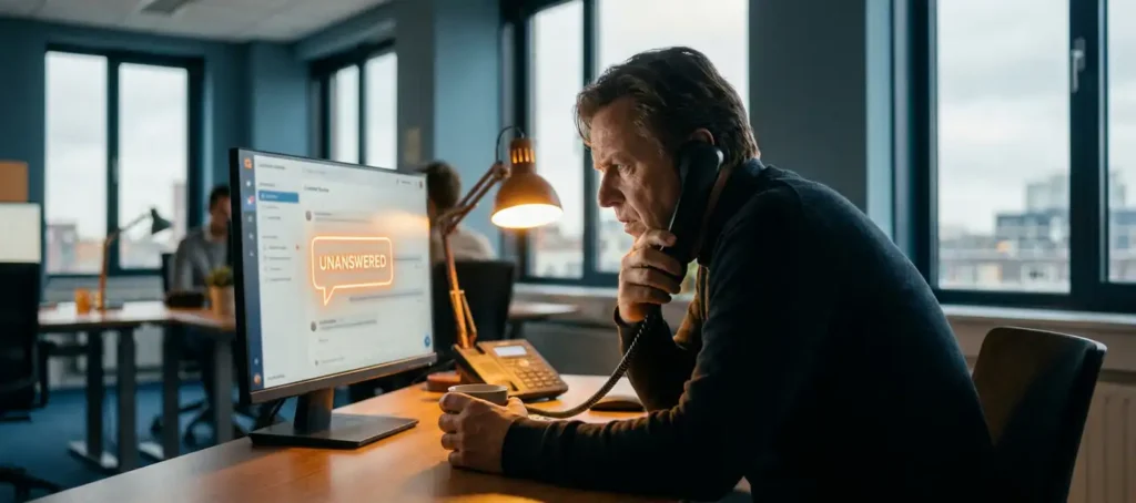 Gefrustreerde klant met telefoonhoorn in modern contactcenter, onbeantwoorde chat op monitor op de achtergrond.