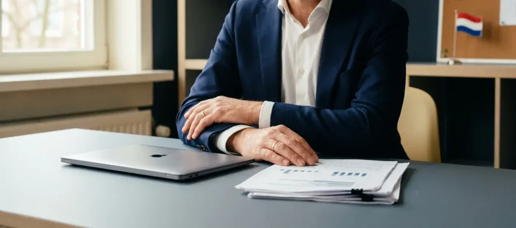 Professional die gedrukte datadocumenten bestudeert aan modern bureau met laptop, Nederlandse vlag op achtergrond, kantooromgeving.