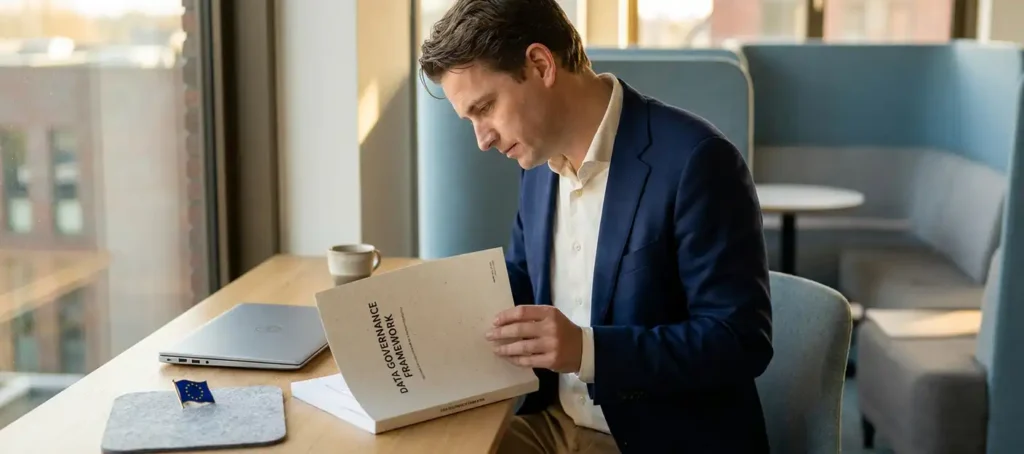 Zakelijke professional in Nederlands kantoor bestudeert datagovernancedocument naast laptop, EU-vlagspeld op bureau, warm natuurlijk licht.