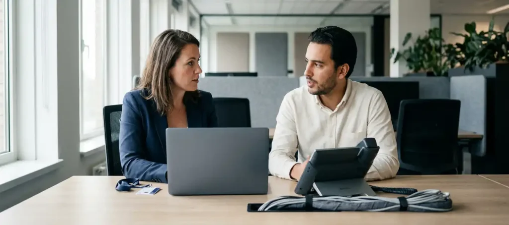 Professional en klantenservicemedewerker in gesprek over gegevensprivacy aan modern bureau met laptop en beveiligingsbadge.
