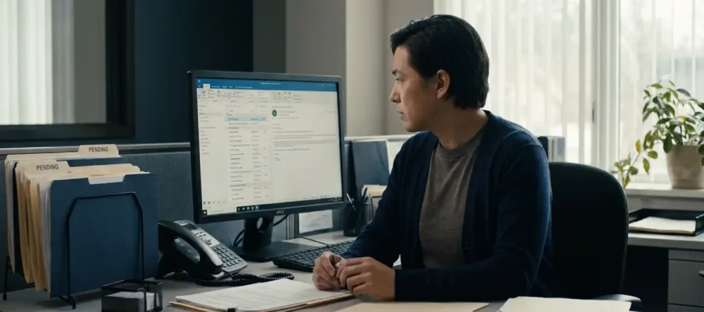 Gemeenteambtenaar bekijkt multichannel inbox op desktopmonitor aan opgeruimd bureau met fysieke mappen en telefoon.