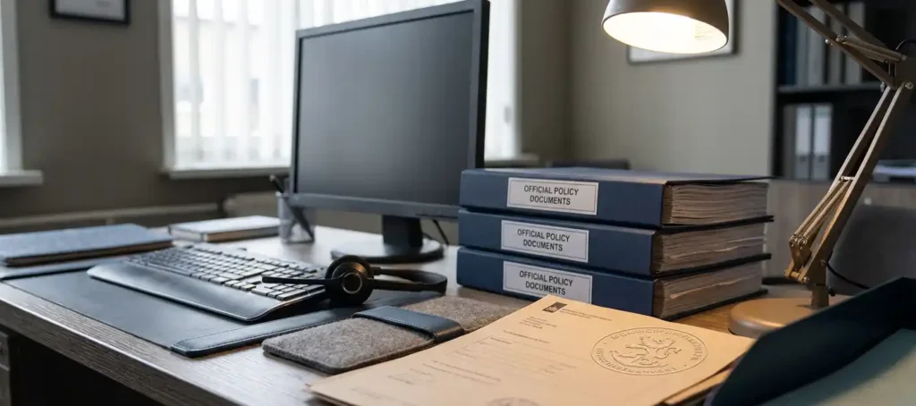 Municipal office with policy documents, headset on keyboard and municipal seal on official form.