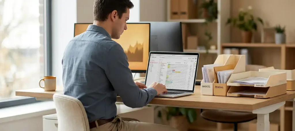 Professional beheert e-mailinbox op laptop aan opgeruimd modern bureau met gesorteerde documenten in gelabelde bakjes.