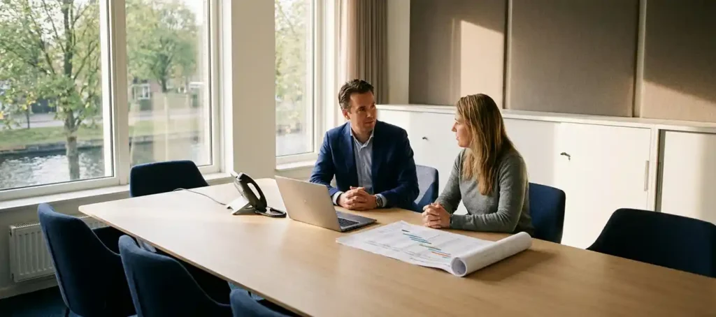 IT-consultant in gesprek met klant aan moderne vergadertafel met laptop, telefoon en projectplanning in Nederlands kantoor.